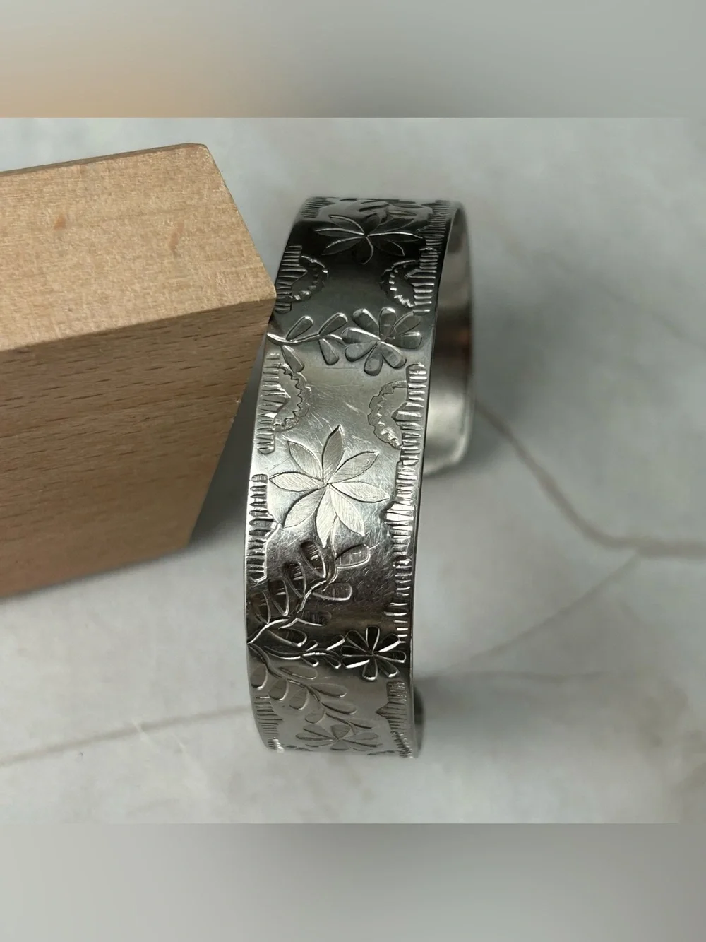 Floral Engraved Silver Tone Cuff Bracelet